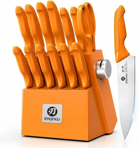 Miniatura 6 de imarku Juego de 14 cuchillos con bloque, juego de cuchillos de cocina de acero inoxidable japonés con afilador integrado, asas ergonómicas