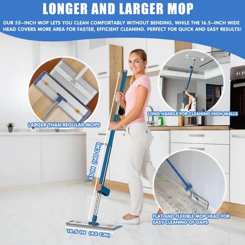 Miniatura 3 de Mopa plana autoescurrible de microfibra de 16.5", mopas húmedas y secas para limpiar pisos, con mango largo de 55" para limpiador de paredes