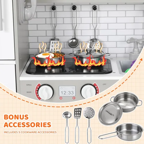 Miniatura 6 de MAMIZO Cocina de juego para niños, cocina de juguete de chef de madera de simulación con lavadora, dispensador de agua, estufa, sonido y luz reales