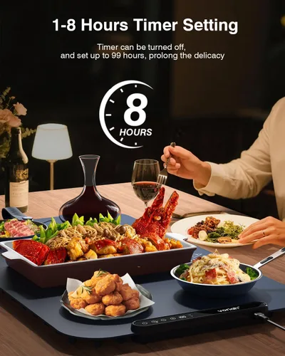 Miniatura 4 de Tapete de calentamiento para alimentos, bandeja de calentamiento eléctrica grande de 27.5 x 15.7 pulgadas, 7 niveles de temperatura, calor continuo