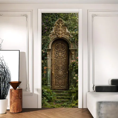 Enchanted Secret - Mural para puerta de jardín, despegar y pegar, cubiertas decorativas de puerta de arco floral talladas vintage, adhesivo