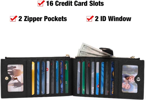 Miniatura 2 de GOIACII - Carteras delgadas para mujer con bloqueo RFID, tarjetero con 2 bolsillos con cremallera, monedero fino para mujer, negro (A01 Black)