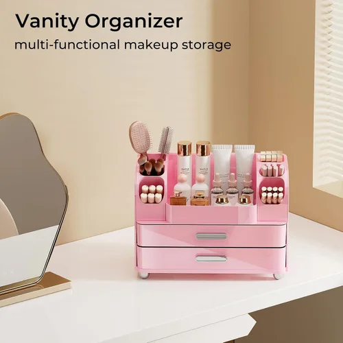 Miniatura 7 de UFORU Organizador de maquillaje para tocador con 2 cajones grandes, vitrina de cosméticos con soportes para cepillos, fácil de almacenar