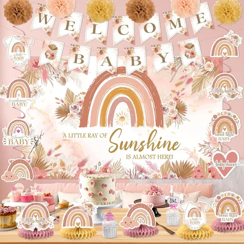 Miniatura 2 de Decoraciones de baby shower estilo bohemio rosa para niña, A Little Ray of Sunshine is Almost Here Boho Rainbow Welcome Baby Banner telón de fondo