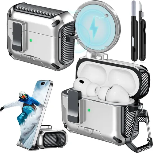 Miniatura 31 de Funda para AirPods Pro 2 (2023/2022/2019) con soporte para teléfono, (con interruptor a presión automático), diseño de fibra de carbono, cubierta
