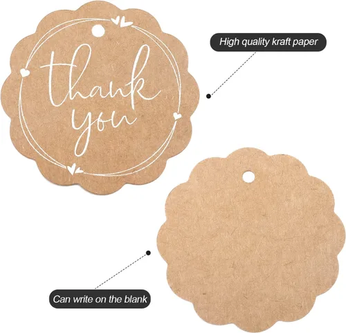 Miniatura 4 de joycraft 100 etiquetas de regalo de agradecimiento con cuerda, etiquetas colgantes de papel kraft redondo festoneado marrón de 2.36 pulgadas