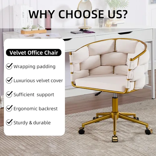 Miniatura 7 de Westice Silla de escritorio de terciopelo, silla dorada para oficina en casa con respaldo tapizado de terciopelo tejido a mano, silla giratoria
