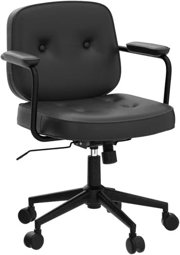 Miniatura 4 de LukeAlon Silla de escritorio ajustable de piel sintética, silla giratoria de 360° negra con reposabrazos, asiento grueso, botones y ruedas