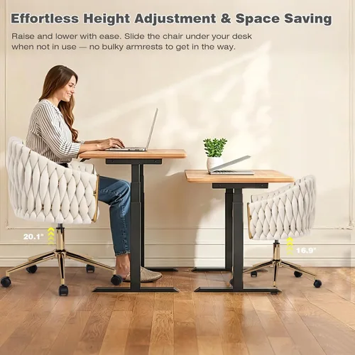 Miniatura 7 de Silla de Oficina de Terciopelo Tejida a Mano, Sillas de Escritorio de Tocador Beige con Ruedas Doradas, Silla Giratoria de 360° para Oficina en Negro