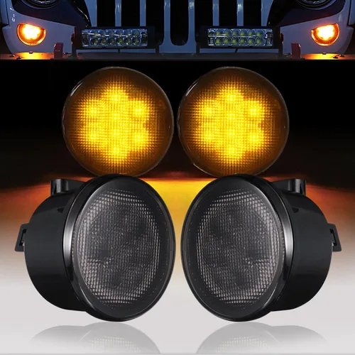 Hooke Road JK - Indicador de luces intermitentes delanteras LED ámbar ahumado compatible con Jeep JK Wrangler 2007-2018