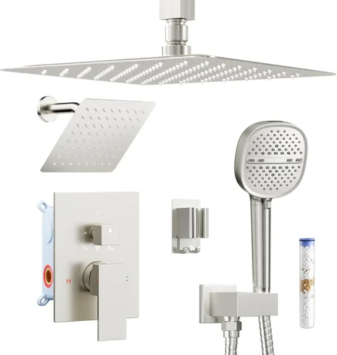 Shower Faucet Set Brushed Nickel Shower System, Dual Head Shower Set STARBATH 12'' Ceiling Mount and 6''Wall Mount Rainfall Shower Systems with