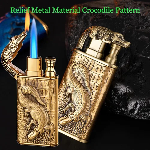 Miniatura 5 de Encendedor de antorcha, diseño de cocodrilo en relieve, encendedor mágico de doble llama con herramienta de llama de ajuste, encendedores de butano