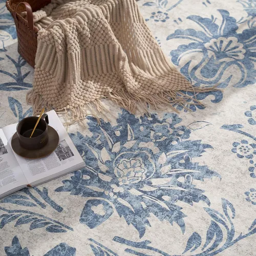 Miniatura 33 de jinchan Lima - Alfombra simétrica floral geométrica lavable, alfombra de entrada de medio círculo de 2 x 3, alfombra de media luna, suave y Azul