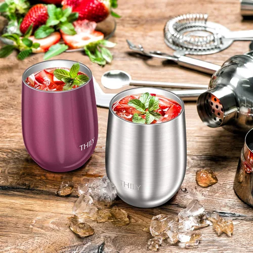 Miniatura 6 de THILY Vaso de vino de metal sin tallo aislado T1, vaso de vino de acero inoxidable con triple aislamiento con tapa y popote, reutilizable, mantiene