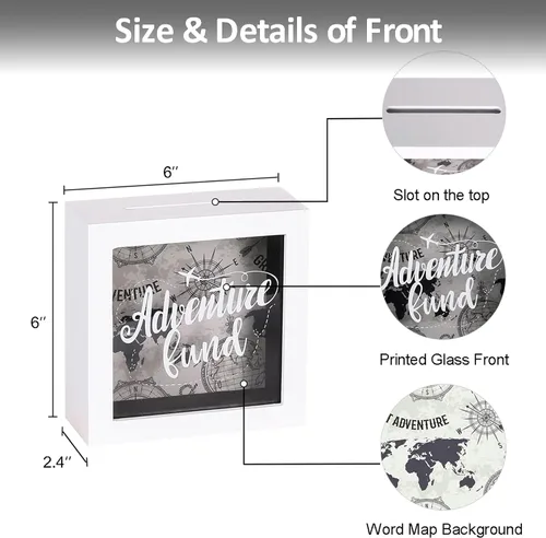 Miniatura 5 de 6x6 White Shadow Box Adventure Fund Mapa del mundo Caja de ahorro de dinero de madera, caja de memoria de fondos de viaje, exhibición decorativa