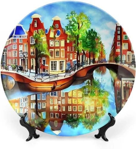 Platos decorativos para decoración del hogar, colorido plato decorativo de pintura de la ciudad de Ámsterdam para exhibición de mesa, plato de cena