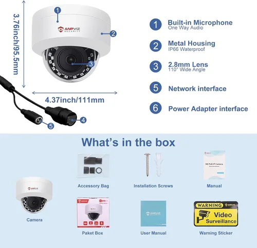 Miniatura 7 de Anpviz Cámara PoE de 5 MP, cámara IP PoE de seguridad para vandalismo al aire libre con audio, visión nocturna de 98 pies, H.265, grabación 24/7 Gris