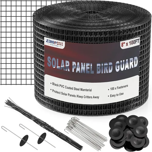 ZeroPone Panel solar de 8 pulgadas x 100 pies, protector de pájaros para paneles solares con 100 sujetadores de acero inoxidable, alambre de red de