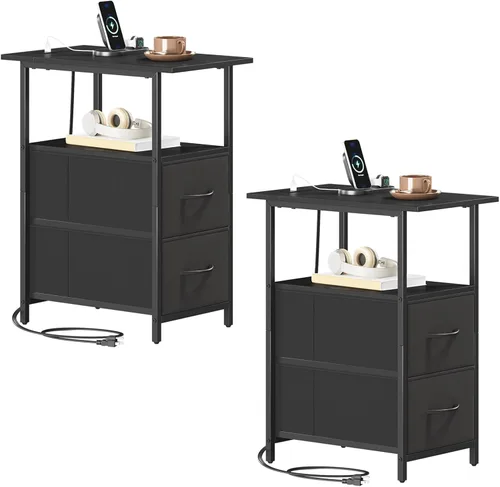 Miniatura 12 de Somdot - Mesa auxiliar con estación de carga; mesa auxiliar estrecha con 2 cajones de tela, mesita de noche delgada con almacenamiento; pequeña mesa