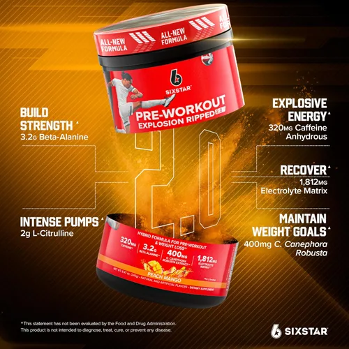 Miniatura 3 de Six Star Explosión preentrenamiento, melocotón y mango (30 porciones) - Suplemento energético en polvo para preentrenamiento para hombres y mujeres
