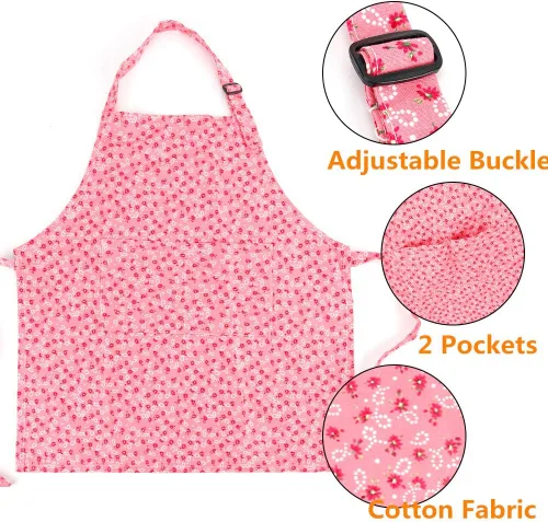 Miniatura 4 de Juego de delantal y gorro de chef para niños, delantales ajustables de algodón para niños con 2 bolsillos, lindos delantales de cocina para niñas