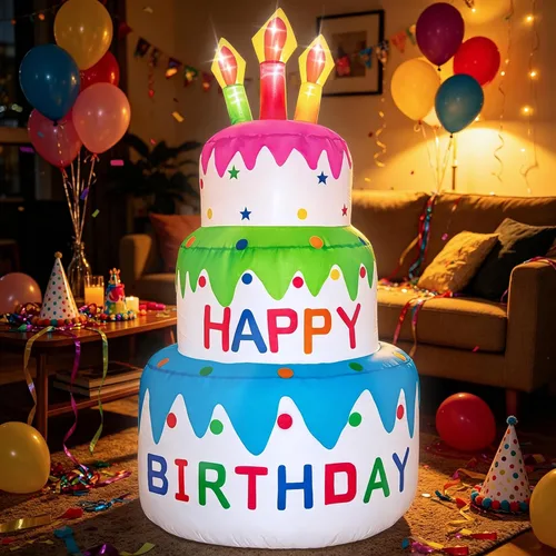 Miniatura 9 de Pastel inflable de cumpleaños de 4 pies de alto, regalo de cumpleaños novedoso, pastel de cumpleaños inflable con velas iluminadas, 6 luces LED