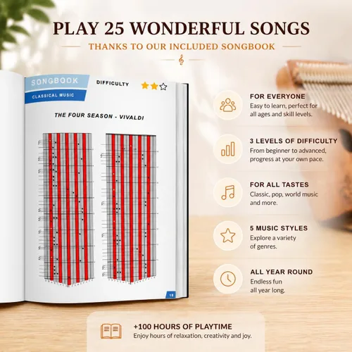Miniatura 3 de Orora Kalimba 17 Keys Thumb Piano - Songbook included with 25 Songs - Varnished Wood Musical Instrument - Finger Piano with Protection Case, Stand