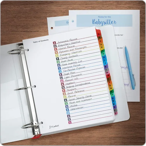 Miniatura 4 de Cardinal Separadores de pestañas A-Z para carpetas de 3 anillas, página de tabla de contenido personalizable con pestañas multicolor A-Z, 3