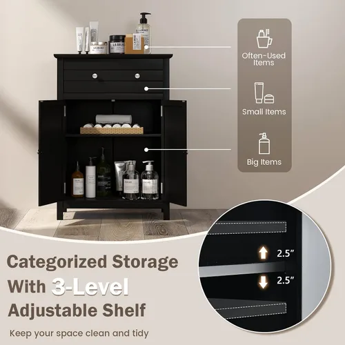 Miniatura 8 de Giantex Armario de almacenamiento de baño con cajón, armario de piso con puertas, estante ajustable, organizador de almacenamiento para entrada