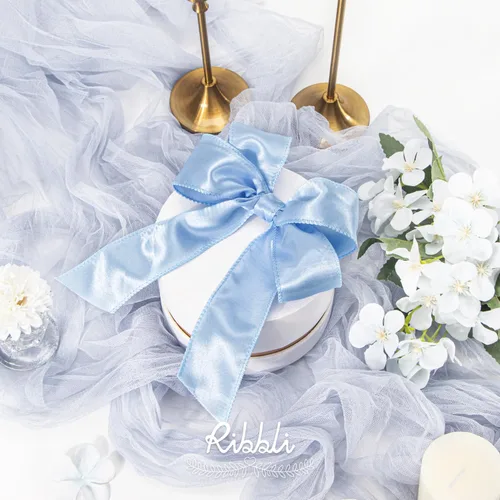 Miniatura 2 de Ribbli Cinta de Satén Azul con Alambre de 1.5 Pulgadas Cinta de Navidad Azul Polvo Claro para Envolver Regalos Coronas Guirnaldas Decoración