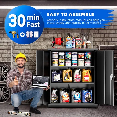 Miniatura 8 de Pataku Gabinete de almacenamiento de metal con puertas y estantes de ajuste, armarios de garaje de 36 pulgadas con cerradura para el hogar, oficina