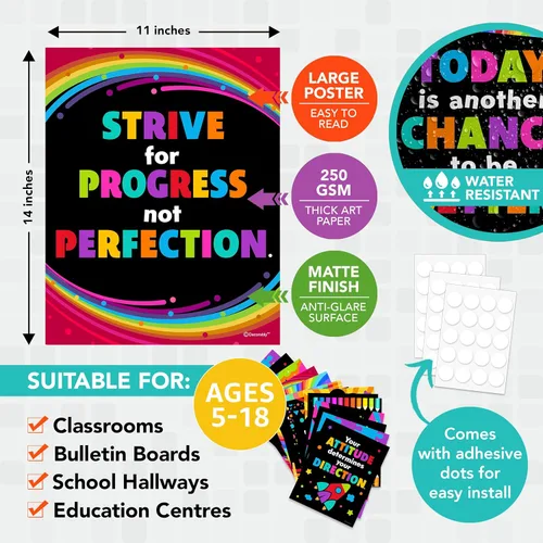Miniatura 5 de Decorably 15 carteles motivacionales de pizarra para niños, 11 x 14 pulgadas, laminado mate, decoración de pared motivacional para aulas, tablones