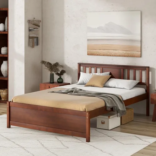 Miniatura 4 de Giantex Marco de cama de plataforma de madera maciza de tamaño matrimonial, marco de cama matrimonial de mediados de siglo con cabecero, soporte