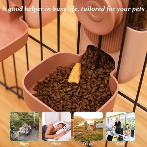 Miniatura 5 de Kenond Dispensador Automático Colgante de Comida y Agua para Mascotas de 35 oz, Conjunto de Comedero y Bebedero Automático por Gravedad para Rosa