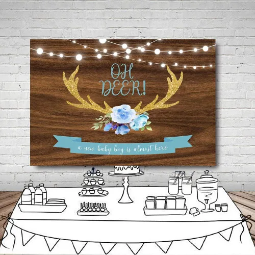 Miniatura 4 de MEHOFOND 7 x 5 pies Oh Deer Baby Shower fondo utilería azul floral madera rústica It's A Boy Baby Shower Gold Buck caza luces con purpurina bosque