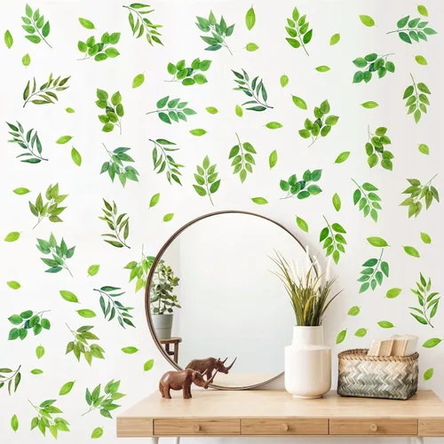 Miniatura 5 de Calcomanías de pared de hojas verdes, calcomanías de hojas de árbol para despegar y pegar, calcomanías de hojas botánicas extraíbles de plantas