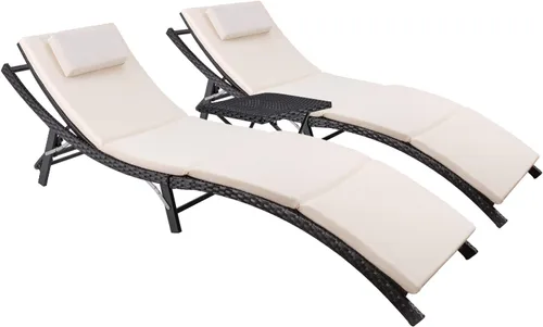 Miniatura 9 de Devoko Juego de tumbonas para patio al aire libre de ratán con respaldo ajustable, 3 piezas acolchadas para patio plegable con mesa plegable (azul)