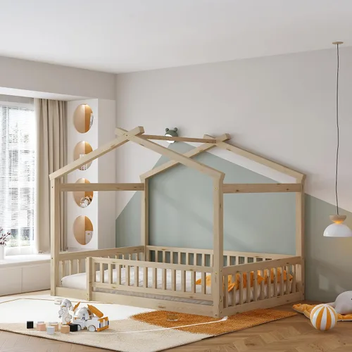 Miniatura 3 de RUNNA Marco de cama de madera de tamaño matrimonial con valla, para niños, adolescentes, niñas, niños, (Natural-Thinck 4col)