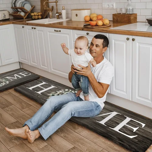 Miniatura 7 de KIMODE Alfombra Antifatiga para Cocina 2 Piezas, Alfombras de Cocina Impermeables y Antideslizantes, Alfombra de Cocina de Estilo Rústico para Piso