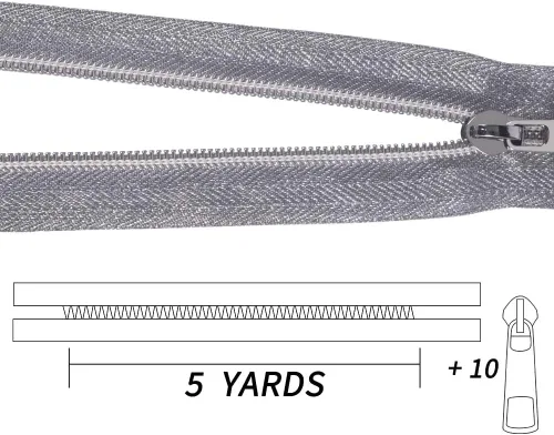Cremallera por Yarda 5# - Bobina Metálica de Nailon para Coser, Tapicería Plateada de 5 Yardas con 10 Tiradores de Oro Blanco para Manualidades de
