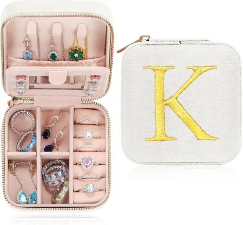 Parima Joyero de viaje personalizado de terciopelo de felpa para mujeres, pequeños joyeros, organizador de joyas, esencial de viaje blanco para