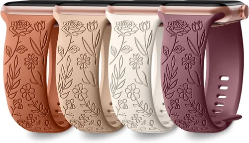 Miniatura 10 de DaQin Paquete de 4 correas florales grabadas compatibles con Apple Watch para mujeres de 40mm 41mm 42mm 44mm 45mm 46mm 38mm 49mm, correa de silicona