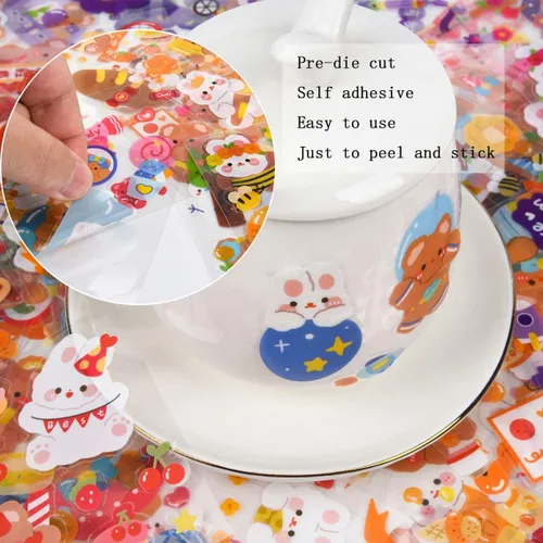 Miniatura 5 de Adhesivos de conejito y oso de dibujos animados lindos, EAMOTOL 100 hojas de animales kawaii transparentes de PET para álbum de recortes, Paraíso