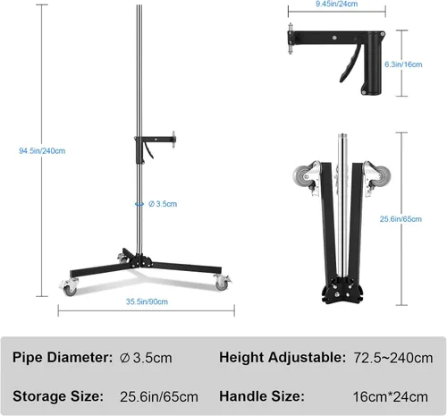Miniatura 8 de Soporte de agarre de pistola resistente, soporte de luz rodante de fotografía de 8.2 ft/8.2 pies con ruedas y un brazo deslizante Carga máxima
