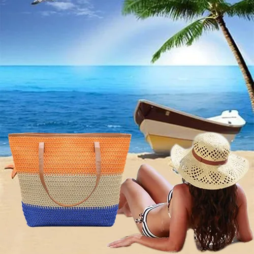 Miniatura 116 de Bolso grande de paja para mujer, tejido de ratán, bolso de playa de verano, a rayas