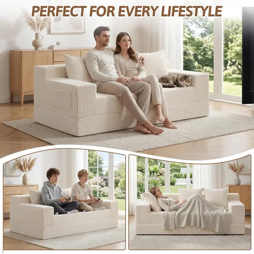 Miniatura 5 de Sofá cama convertible de 78 pulgadas, sofá futón plegable de esponja de alta densidad, sofá sin hueso, sofá cama de 3 plazas con 3 almohadas