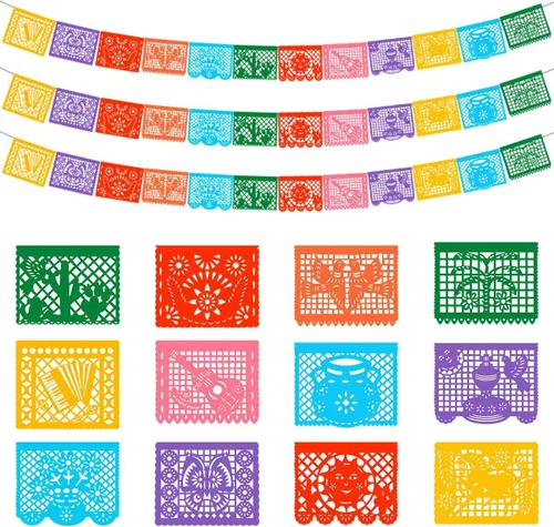 Paquete de 3 pancartas mexicanas, 66 pies (22 pies x 3), pancartas grandes de plástico mexicanas para fiesta de Cinco de Mayo, decoraciones de