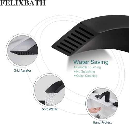 Miniatura 4 de Grifo de baño de cascada negra de 3 agujeros, grifo de baño negro mate de 8 pulgadas con drenaje desplegable y 2 líneas de suministro de agua, grifo
