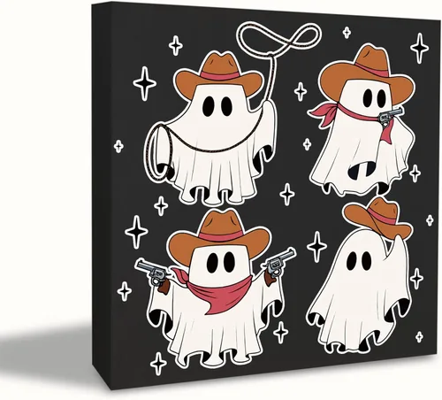 KEUSPI Letrero de madera de fantasma de Halloween occidental, decoración del hogar, decoraciones de Halloween occidentales, lindo vaquero fantasma,
