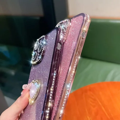Miniatura 7 de Bonita funda compatible con iPhone 13 Pro de 6.1 pulgadas, diamantes brillantes + fundas de tarjetas con purpurina con soporte de corazón de amor